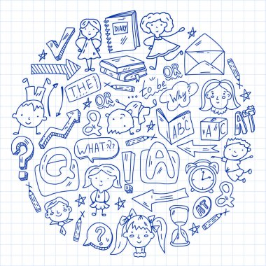 İngilizce öğrenme kavramı. Düz dizayn, vektör deseni.