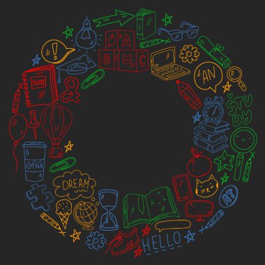 İngilizce öğrenme kavramı. Çevrimiçi dil kursları. E-öğrenme. Vektör simgeleri ile desen.