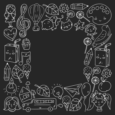 Okul için eşyalar içeren vektör çerçevesi. Çevrimiçi internet eğitimi, e-öğrenme.