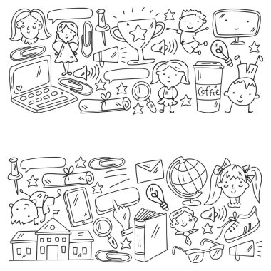 Okul simgeleriyle vektör deseni. İnternet eğitimi, e-öğrenme. Dijital teknoloji.