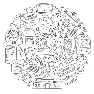 Okul simgeleriyle vektör deseni. İnternet eğitimi, e-öğrenme. Dijital teknoloji.