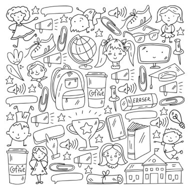 Okul simgeleriyle vektör deseni. İnternet eğitimi, e-öğrenme. Dijital teknoloji.