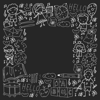 Kalıplı vektör çerçevesi. Okul ve internet eğitimi. Küçük oğlanlar ve kızlar birlikte oynar ve büyür..