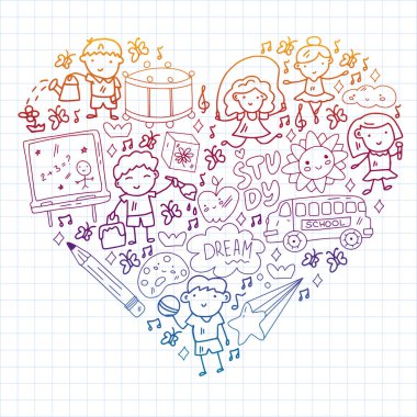 Vektör deseni. Okul ve internet eğitimi. Küçük oğlanlar ve kızlar birlikte oynar ve büyür..