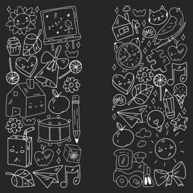 Okul simgeleriyle vektör deseni. İnternet eğitimi, e-öğrenme. Dijital teknoloji.