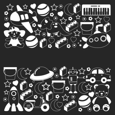 Oyuncak koleksiyonu ile vektör deseni. Bebek, denizaltı, uçak, gemi. Çocuklar ve anaokulu çizimleri.