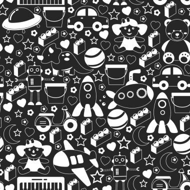 Oyuncak koleksiyonu ile vektör deseni. Bebek, denizaltı, uçak, gemi. Çocuklar ve anaokulu çizimleri.