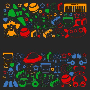 Oyuncak koleksiyonu ile vektör deseni. Bebek, denizaltı, uçak, gemi. Çocuklar ve anaokulu çizimleri.
