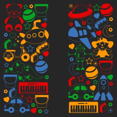 Oyuncak koleksiyonu ile vektör deseni. Bebek, denizaltı, uçak, gemi. Çocuklar ve anaokulu çizimleri.