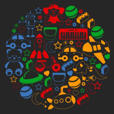 Oyuncak koleksiyonu ile vektör deseni. Bebek, denizaltı, uçak, gemi. Çocuklar ve anaokulu çizimleri.