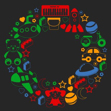 Oyuncak koleksiyonu ile vektör deseni. Bebek, denizaltı, uçak, gemi. Çocuklar ve anaokulu çizimleri.