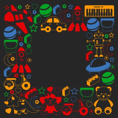 Oyuncak koleksiyonu ile vektör deseni. Bebek, denizaltı, uçak, gemi. Çocuklar ve anaokulu çizimleri.