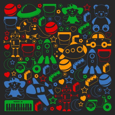 Oyuncak koleksiyonu ile vektör deseni. Bebek, denizaltı, uçak, gemi. Çocuklar ve anaokulu çizimleri.