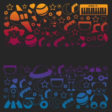 Oyuncak koleksiyonu ile vektör deseni. Bebek, denizaltı, uçak, gemi. Çocuklar ve anaokulu çizimleri.