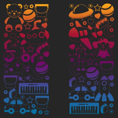 Oyuncak koleksiyonu ile vektör deseni. Bebek, denizaltı, uçak, gemi. Çocuklar ve anaokulu çizimleri.