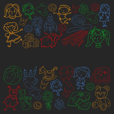 Anaokulu ve oyuncaklar. Küçük bir çocuk oyunu. Çocuk parkı. Eğitim, yaratıcılık, hayal gücü.