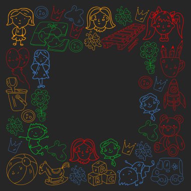 Anaokulu ve oyuncaklar. Küçük bir çocuk oyunu. Çocuk parkı. Eğitim, yaratıcılık, hayal gücü.