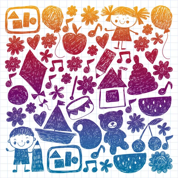 Anaokulu vektör şablonu. Çocukların çizim tarzı. Çocuklar oynar ve büyür, yaratıcılık ve hayal gücü. Okul öğrencisi.