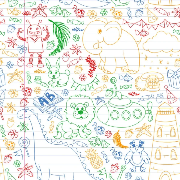 Modèle de jardin d'enfants vectoriel avec des animaux et des jouets. Illustration pour petits garçons et filles. — Image vectorielle