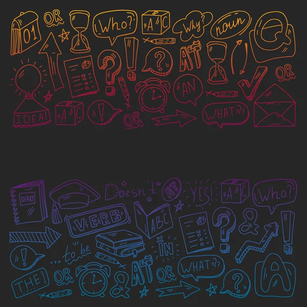 Gekritzeltes Vektormuster. Illustration zum Erlernen der englischen Sprache. E-Learning, Online-Bildung im Internet. — Stockvektor