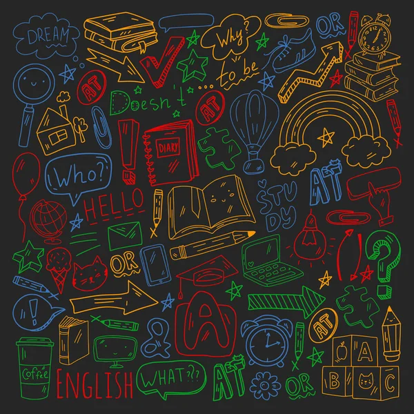 Concepto de aprender inglés. Cursos de idiomas en línea. E-learning. Patrón con iconos vectoriales. — Archivo Imágenes Vectoriales