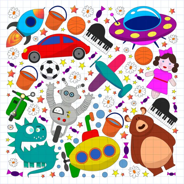 Modèle vectoriel avec jouets pour enfants. Voiture, ufo, alien, avion, ours en peluche. — Image vectorielle