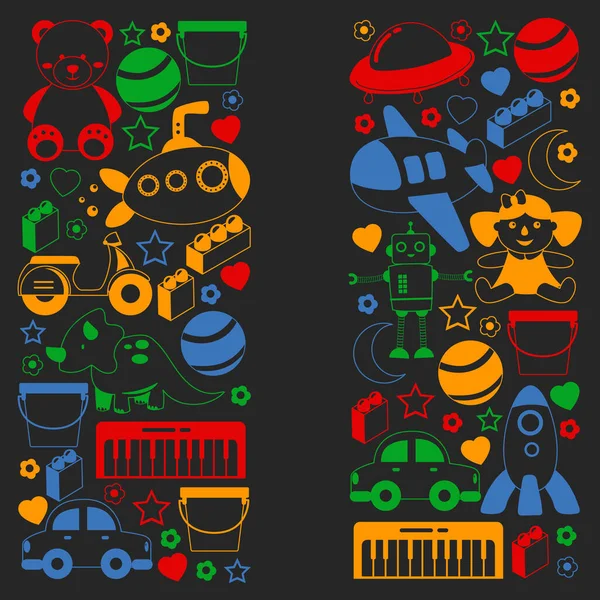 Oyuncak koleksiyonu ile vektör deseni. Bebek, denizaltı, uçak, gemi. Çocuklar ve anaokulu çizimleri.