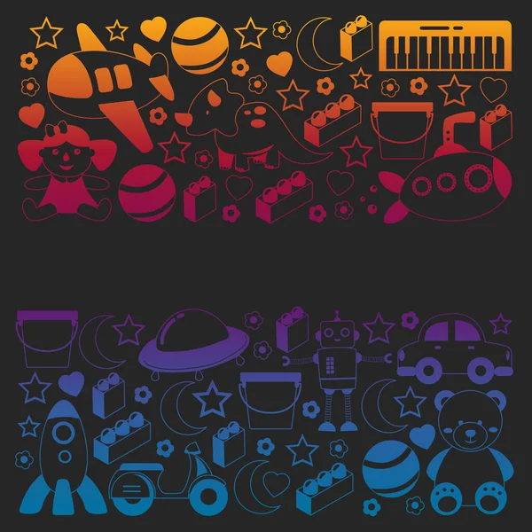 Oyuncak koleksiyonu ile vektör deseni. Bebek, denizaltı, uçak, gemi. Çocuklar ve anaokulu çizimleri.