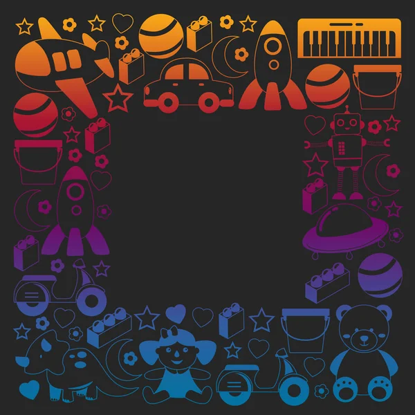 Oyuncak koleksiyonu ile vektör deseni. Bebek, denizaltı, uçak, gemi. Çocuklar ve anaokulu çizimleri.