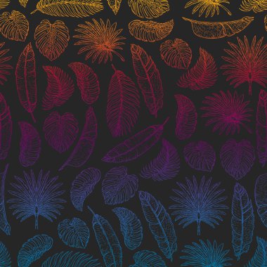Tropikal yapraklı vektör deseni. Palmiye ağacı. Philodendron. Şirin bağbozumu bahçesi..