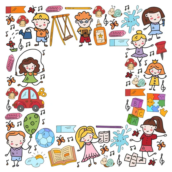 Jardim de infância e brinquedos. Jogo de crianças pequenas. Parque infantil. Educação, criatividade, imaginação. — Vetor de Stock