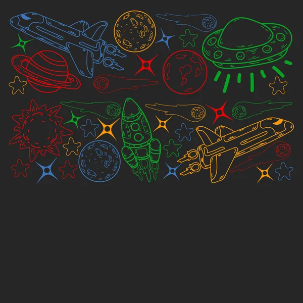 Patrón espacial de garabatos vectoriales. Tierra, Luna, Júpiter, Sol, Saturno. — Vector de stock