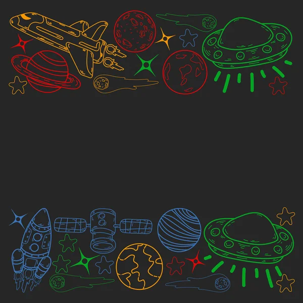 Vektor-Doodle-Raummuster. Erde, Mond, Jupiter, Sonne, Saturn. — Stockvektor