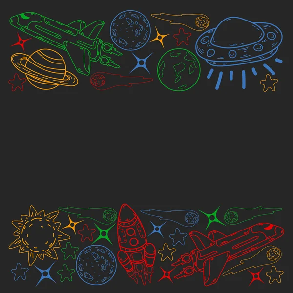 Vektor-Doodle-Raummuster. Erde, Mond, Jupiter, Sonne, Saturn. — Stockvektor
