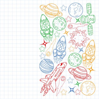 Vektör karalama uzay deseni. Dünya, Ay, Jüpiter, Güneş, Satürn.