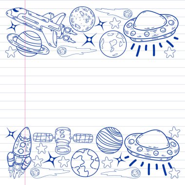 Vektör karalama uzay deseni. Dünya, Ay, Jüpiter, Güneş, Satürn.