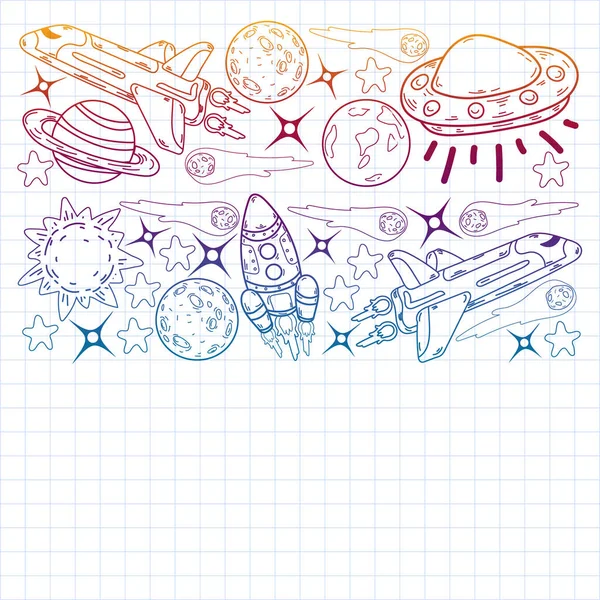 Vector doodle space pattern. Earth, Moon, Jupiter, Sun, Saturn. — Stock Vector