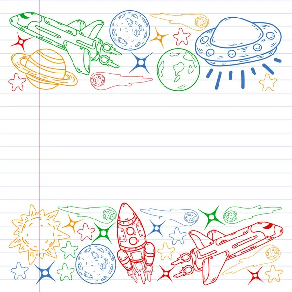 Vector doodle space pattern. Earth, Moon, Jupiter, Sun, Saturn. — Stock Vector