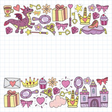 Prenses ve fantezi simgesi ve davetiye ve tebrik kartı tasarım unsuru.