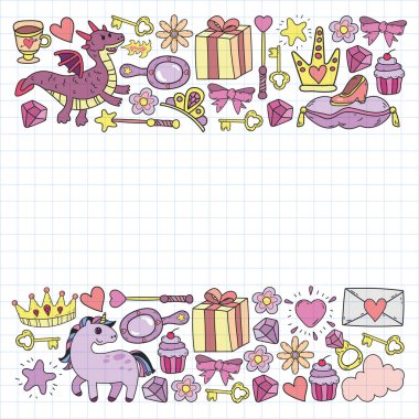 Prenses ve fantezi simgesi ve davetiye ve tebrik kartı tasarım unsuru.