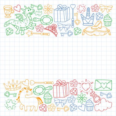 Prenses ve fantezi simgesi ve davetiye ve tebrik kartı tasarım unsuru.