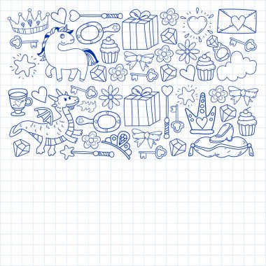 Prenses ve fantezi simgesi ve davetiye ve tebrik kartı tasarım unsuru.