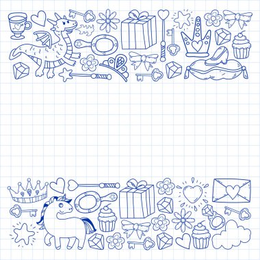 Prenses ve fantezi simgesi ve davetiye ve tebrik kartı tasarım unsuru.