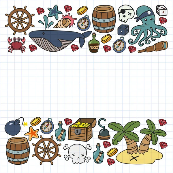 Fiesta de niños piratas. Símbolos de la piratería sombrero, espadas, armas, cofre del tesoro, barco, bandera negra, emblema alegre roger, cráneo y huesos cruzados, brújula. — Vector de stock