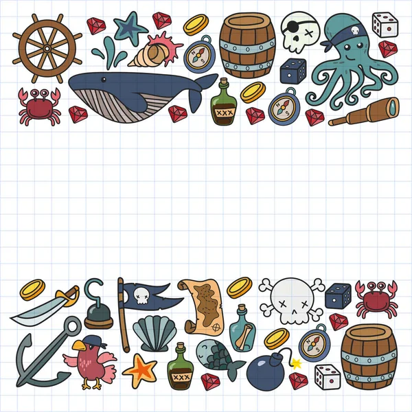 Fiesta de niños piratas. Símbolos de la piratería sombrero, espadas, armas, cofre del tesoro, barco, bandera negra, emblema alegre roger, cráneo y huesos cruzados, brújula. — Vector de stock