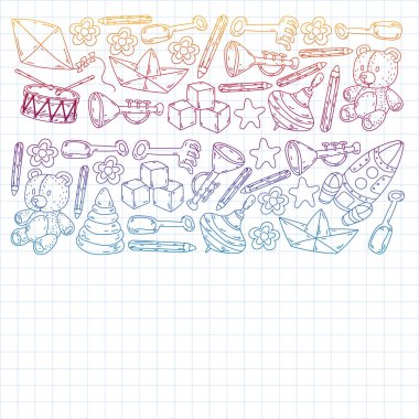 Küçük kızlar ve oğlanlar için ikonlar. El çizimi çocuk çizimi kalıpları. Anaokulu oyuncakları geçmişi. Vektör illüstrasyonu.