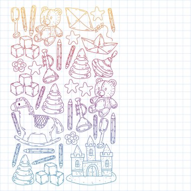 Küçük kızlar ve oğlanlar için ikonlar. El çizimi çocuk çizimi kalıpları. Anaokulu oyuncakları geçmişi. Vektör illüstrasyonu.