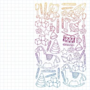 Küçük kızlar ve oğlanlar için ikonlar. El çizimi çocuk çizimi kalıpları. Anaokulu oyuncakları geçmişi. Vektör illüstrasyonu.