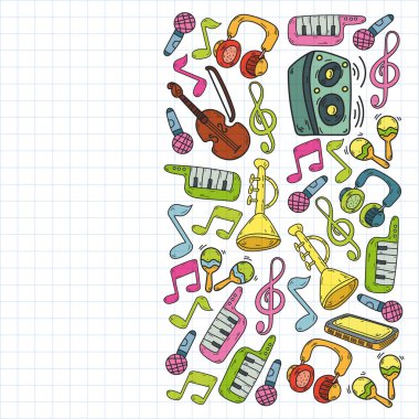 Müzik enstrümanları olan vektör müzik arkaplanı. Rock, piyano, gitar, caz. Melodi ve mikrofon. Konser.