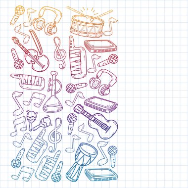 Müzik enstrümanları olan vektör müzik arkaplanı. Rock, piyano, gitar, caz. Melodi ve mikrofon. Konser.